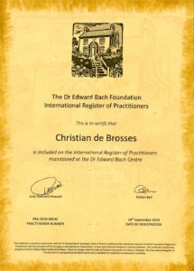 Certificat d'enregistrement de praticien délivré par le Centre Bach - Christian de Brosses